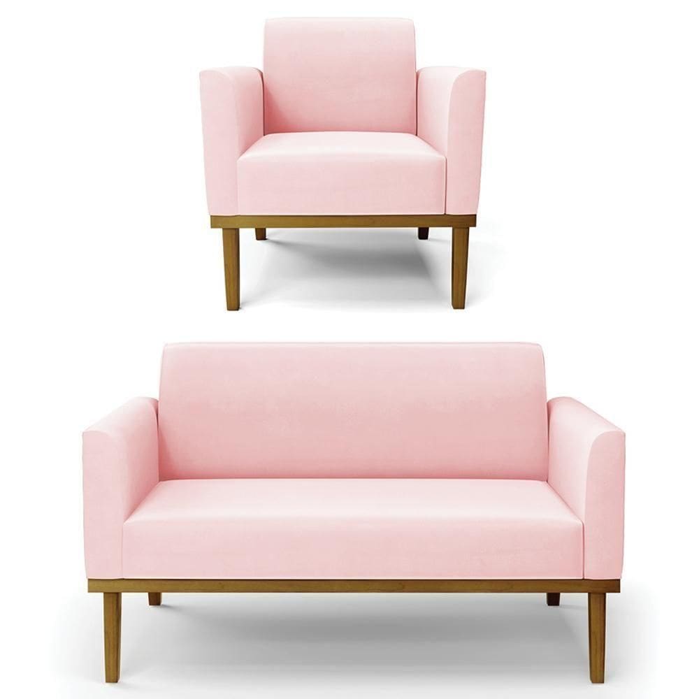Sofá Namoradeira E 1 Poltrona Base Madeira Castanho Maressa Suede Rosa Bebê - Ibiza