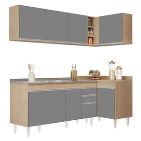 Armário De Cozinha Modulado De Canto Esquerdo 4 Peças Cp51 Com Pia Inox Castanho/cinza - Lumil