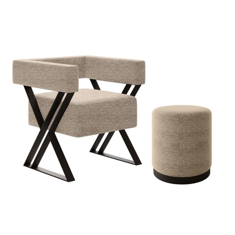 Kit Poltrona E Puff Decorativo Kira Estilo Industrial Linho Bege