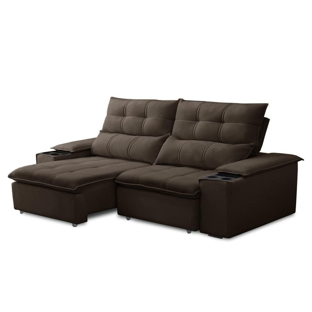 Sofá Retrátil 3 Lugares Com Porta Copo 210cm Malta F05 Veludo Marrom Escuro - Mpozenato