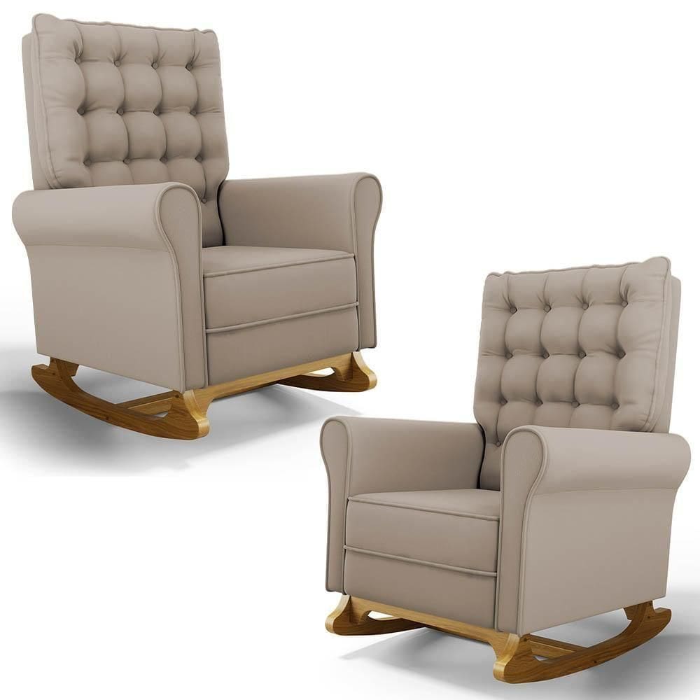 Kit 02 Poltronas De Amamentação Base Madeira Balanço Brenda G05 Veludo Bege - Mpozenato