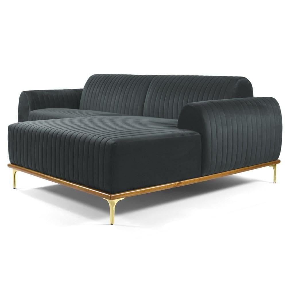 Sofá 300cm 5 Lugares Com Chaise Direito Pés Gold Molino C-317 Veludo Cinza - Domi
