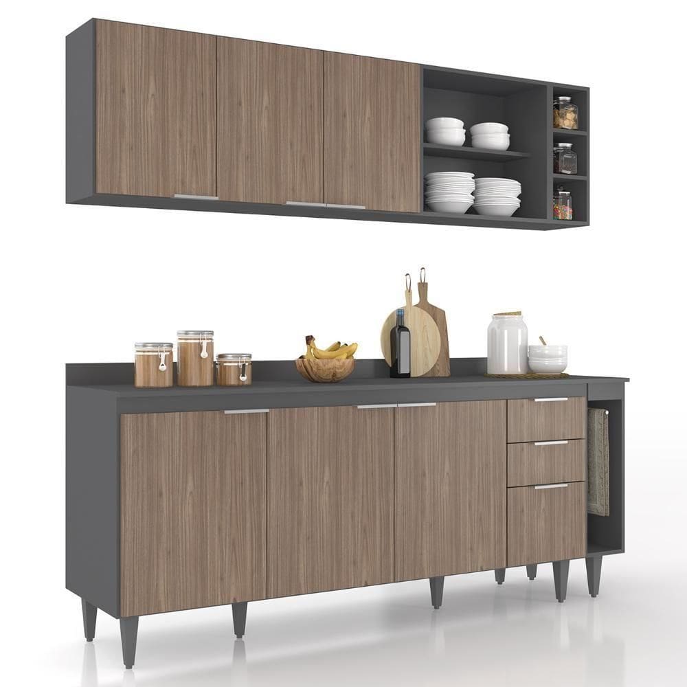 Armário De Cozinha Com Tampo Cp11 200cm Pérola Grafite/freijó Z34 - Mpozenato