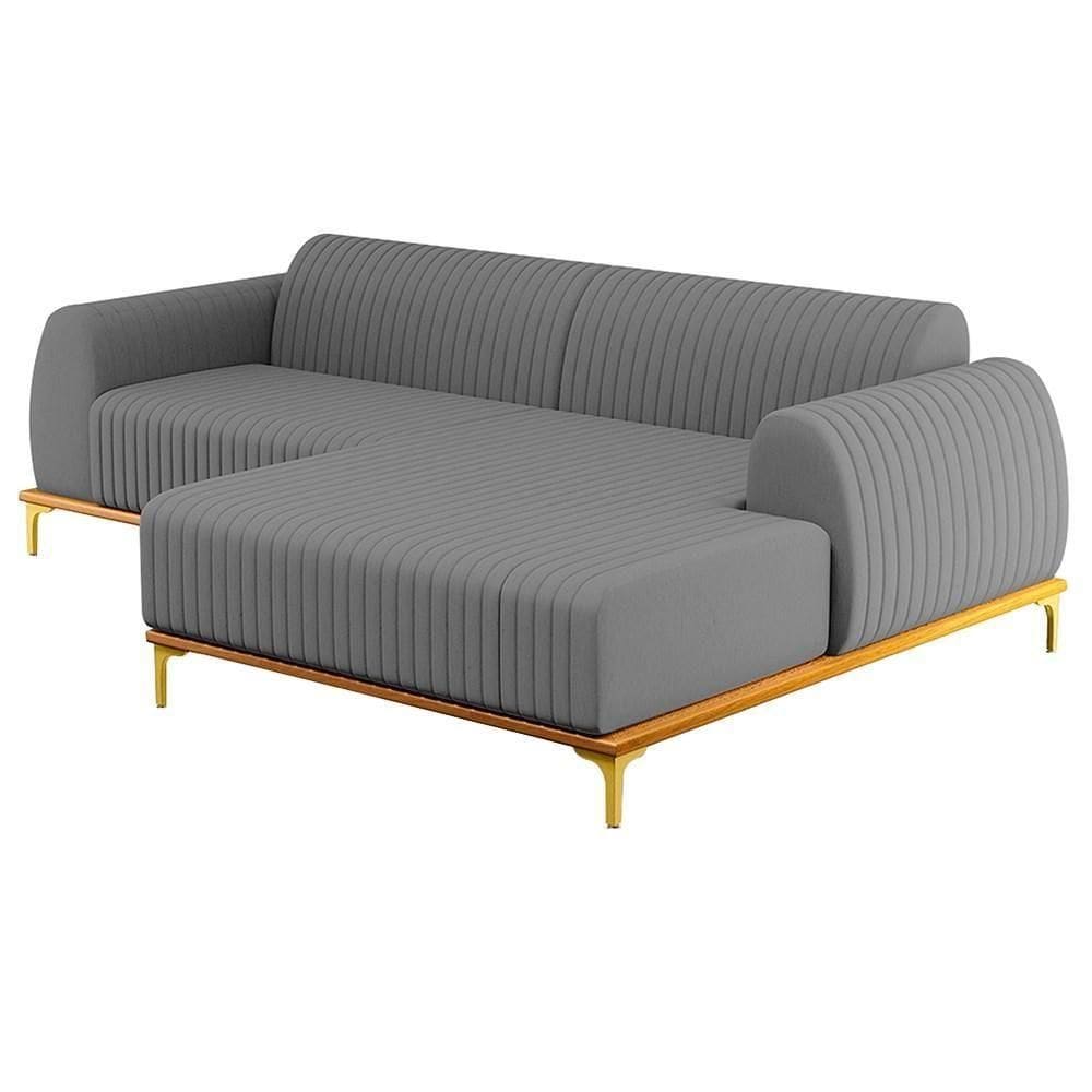 Sofá 245cm 4 Lugares Com Chaise Direito Pés Gold Molino C-416 Linho Cinza Escuro - Domi