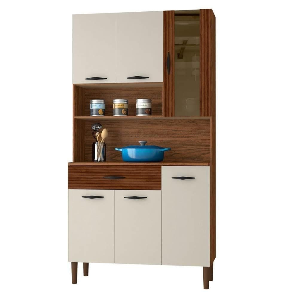 Armário De Cozinha Compacta 90cm Bruna Z06 Nogueira/off White/ripado - Mpozenato