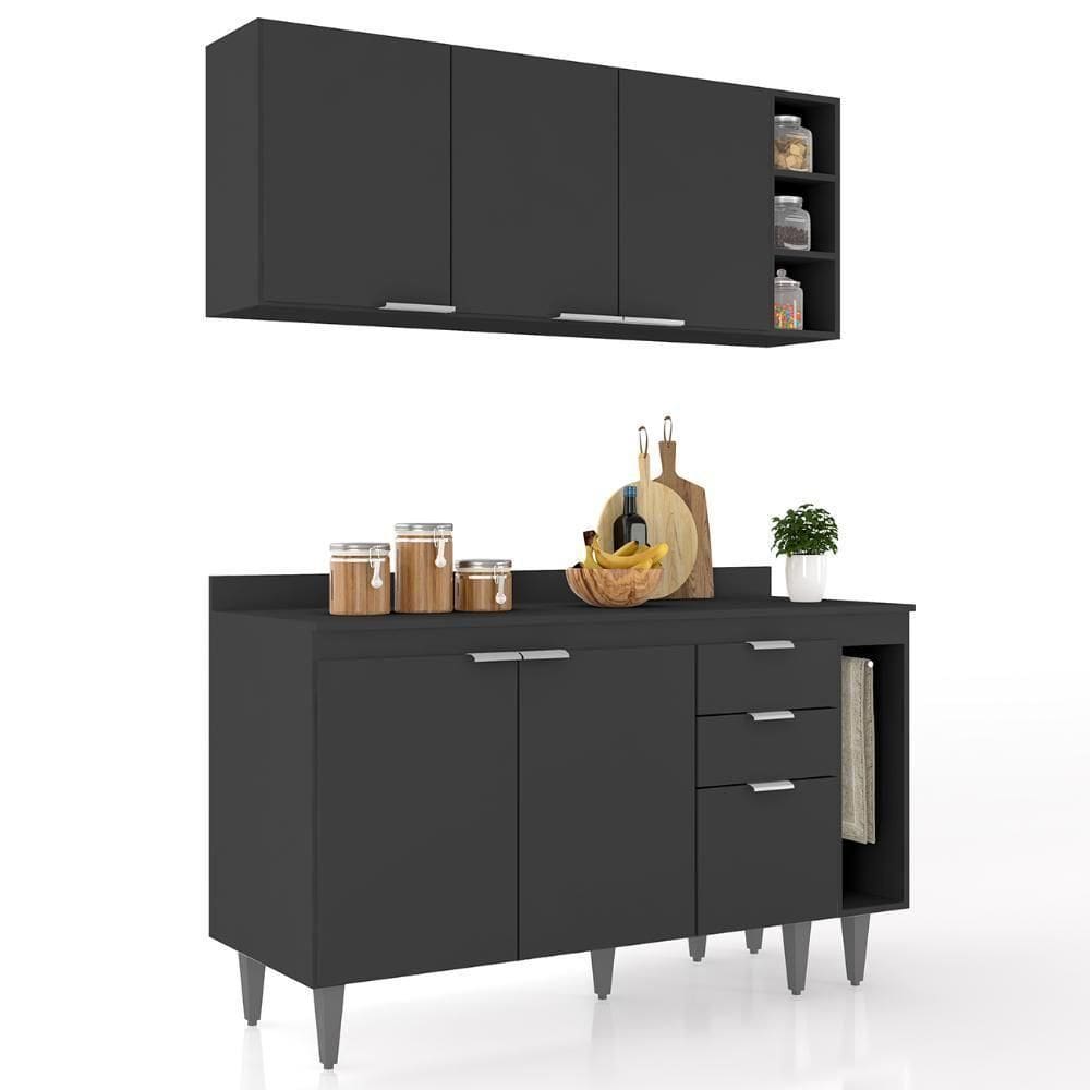 Armário De Cozinha Com Tampo Cp08 140cm Pérola Preto Z34 - Mpozenato