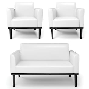 Sofá Namoradeira E 2 Poltronas Base Madeira Preto Maressa Sintético Pu Branco - Ibiza