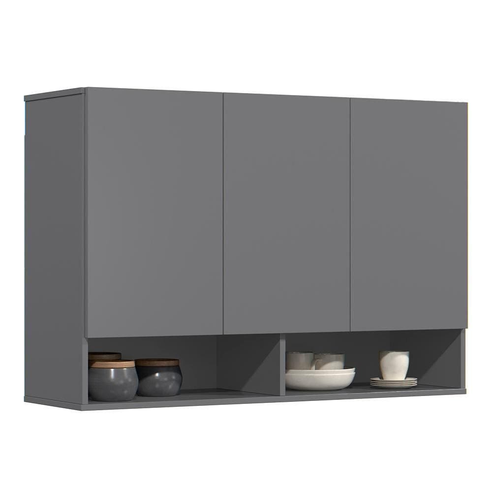 Armário De Cozinha Aéreo 3 Portas 2 Nichos 91cm Milão Cinza - Ej Móveis