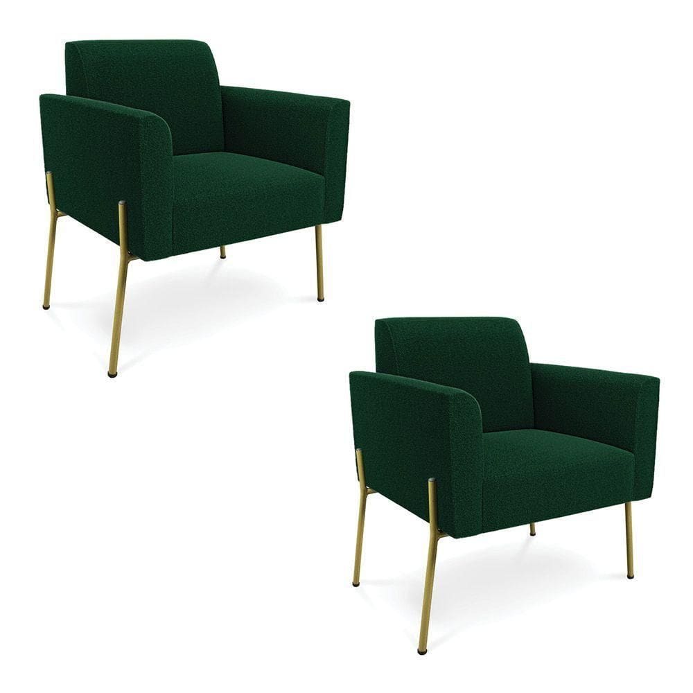Poltrona Sala Estar Pé Ferro Dourado Kit 2 Marisa Bouclê Verde D03 - D`rossi
