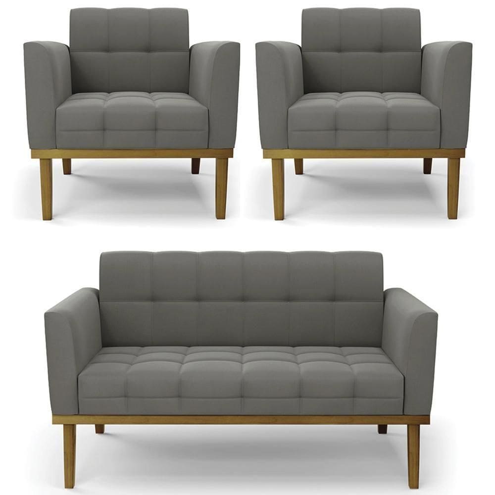 Sofá Namoradeira E 2 Poltronas Base Madeira Castanho Ana Suede Grafite - Ibiza