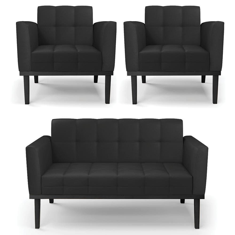 Sofá Namoradeira E 2 Poltronas Base Madeira Preto Ana Sintético Preto - Ibiza