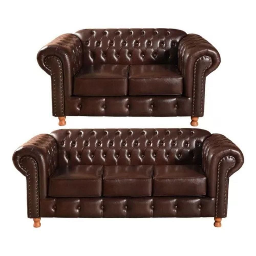 Conjunto Sofás 2 E 3 Lugares Chesterfield Luís Xv Vintage Retrô Capitonê Couro Marrom