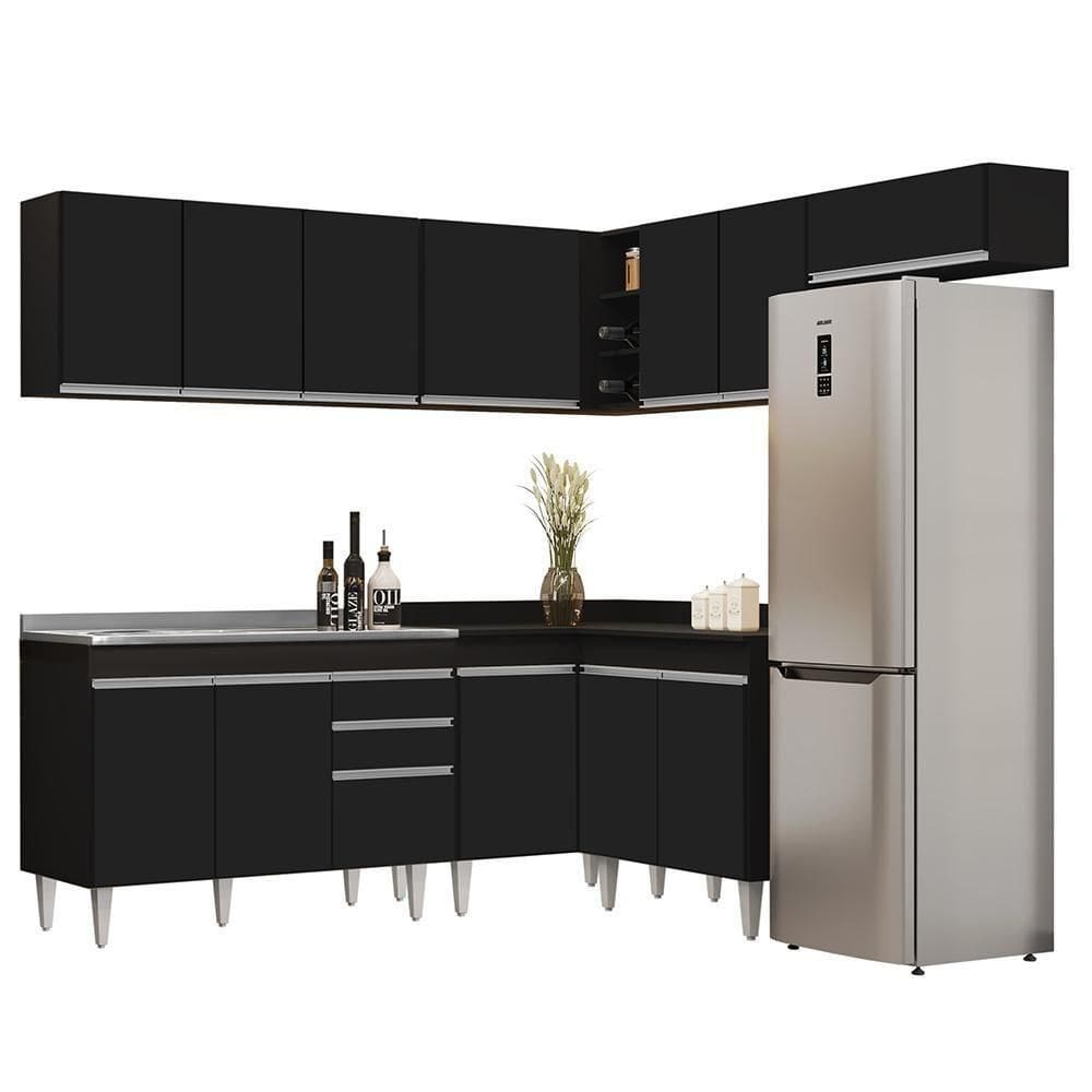 Armário De Cozinha Modulado De Canto 7 Peças Cp21 Com Pia Inox Preto - Lumil
