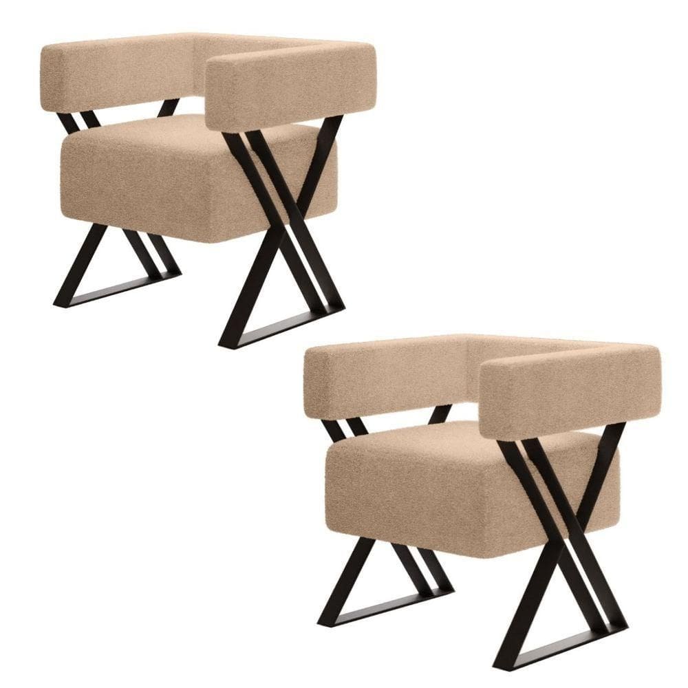 Kit 2 Poltrona Decorativa Kira Pés Metal Estilo Industrial Bouclé Bege