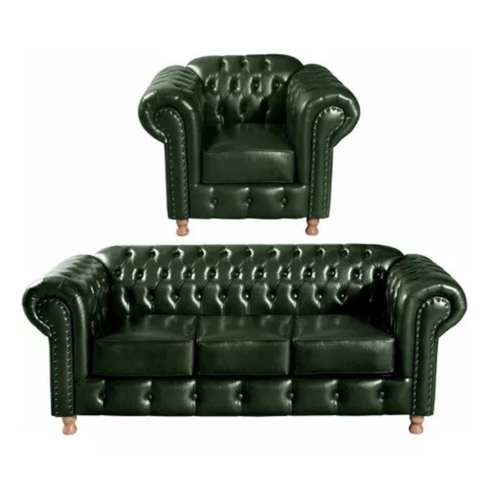 Conjunto Sofá 3 Lugares E Poltrona Chesterfield Luís Xv Vintage Retrô Capitonê Couro Verde