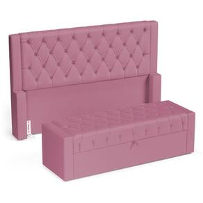 Cabeceira e Calçadeira Báu King Size Atena 195cm Capitonê Suede Rosa - Abmaza