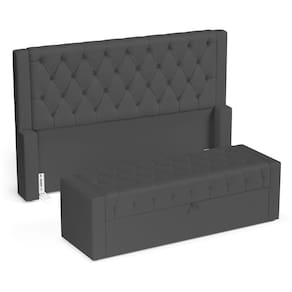 Cabeceira e Calçadeira Báu Queen Size Atena 160cm Capitonê Suede Cinza - Abmaza