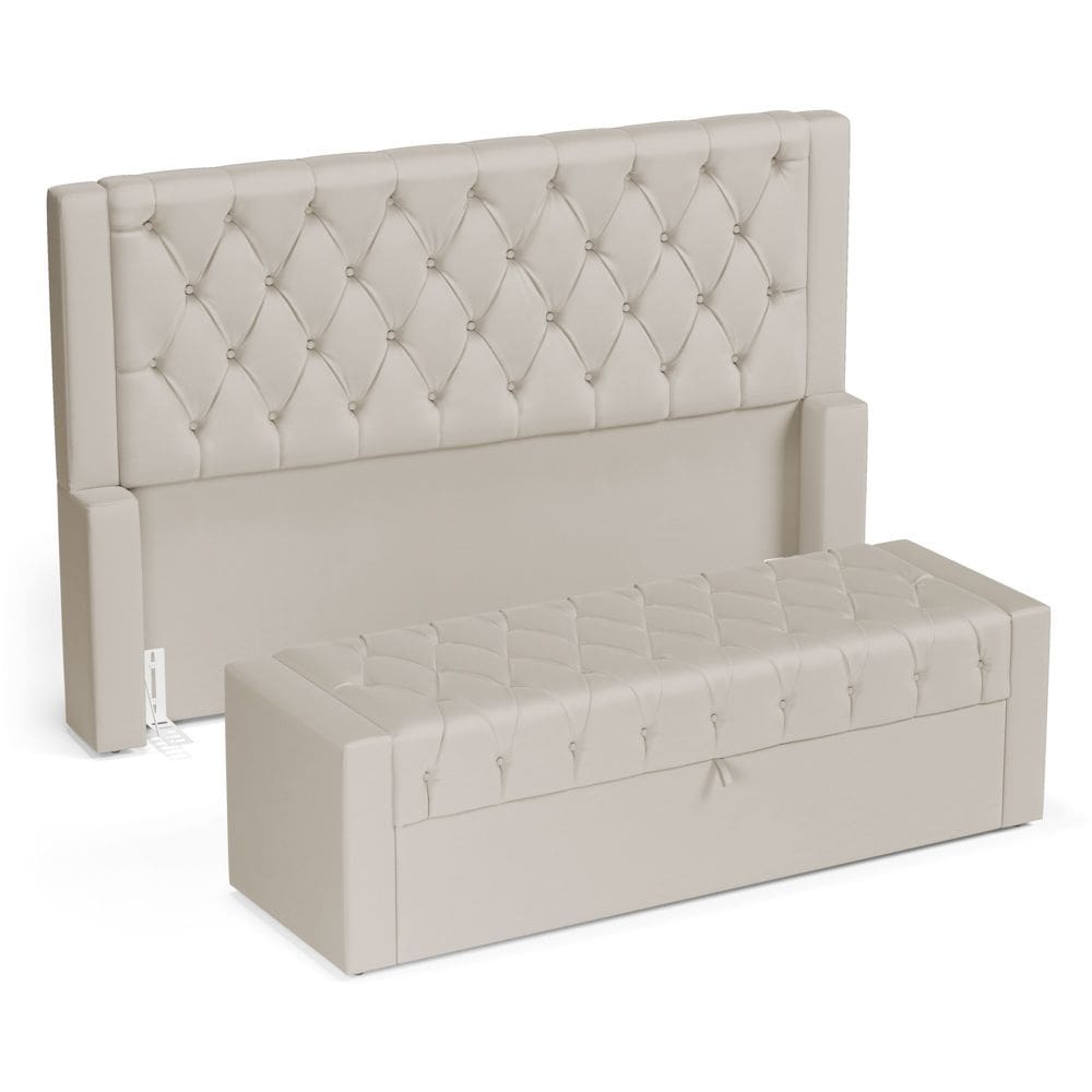 Cabeceira e Calçadeira Báu Casal Padrão Atena 140cm Capitonê Suede Bege Claro - Abmaza