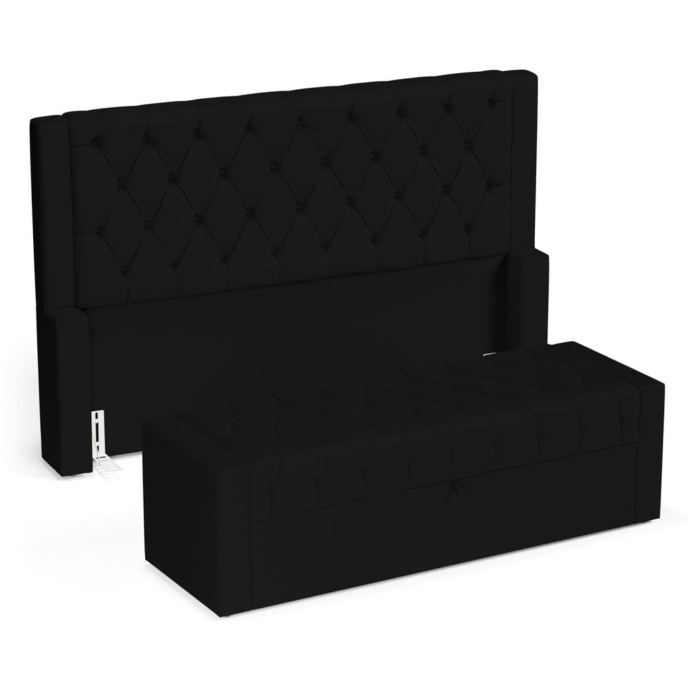 Cabeceira e Calçadeira Báu Casal Padrão Atena 140cm Capitonê Suede Preto - Abmaza