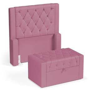 Cabeceira e Calçadeira Báu Solteiro Atena 90cm Capitonê Suede Rosa - Abmaza