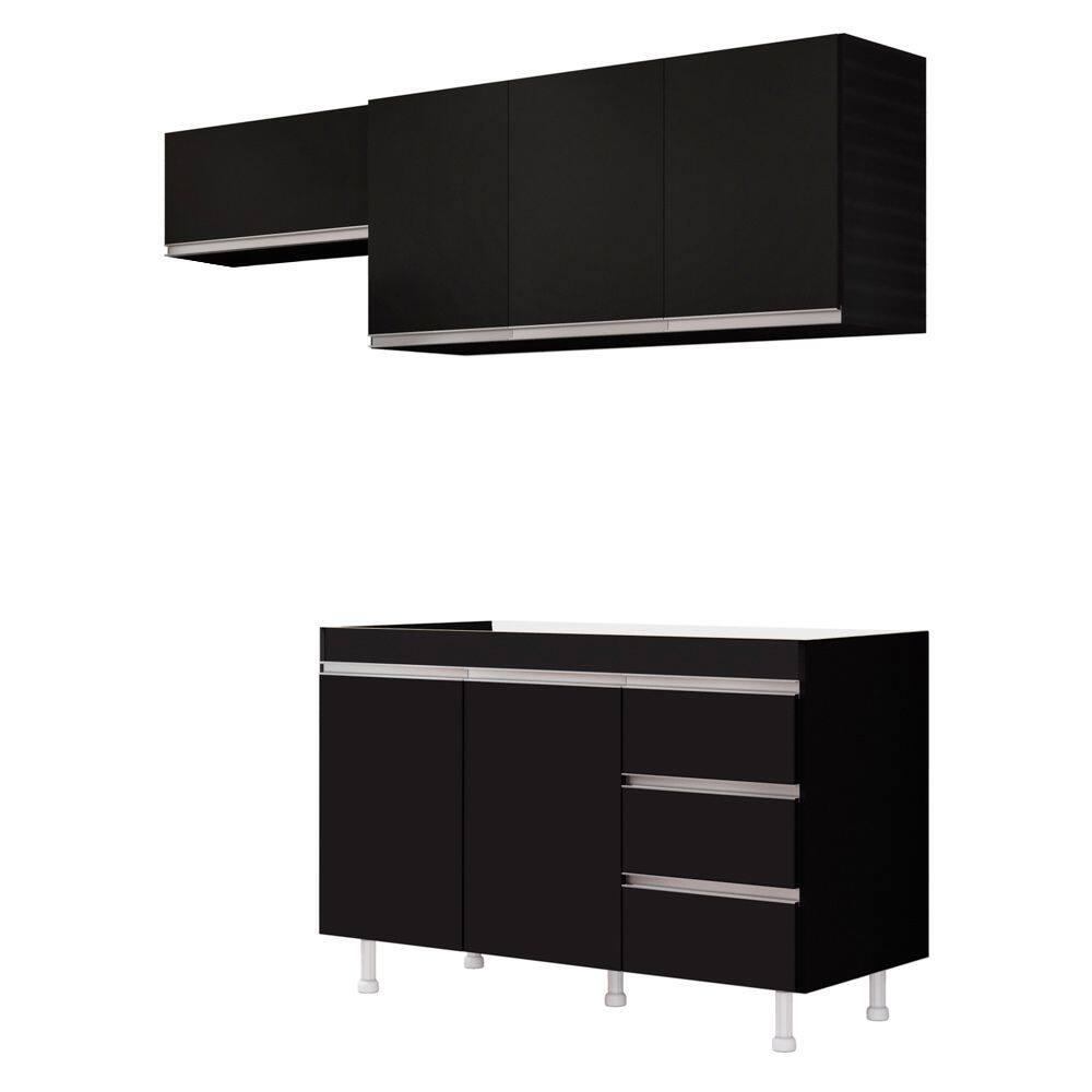 Cozinha Planejada Lux 3 Peças 100%MDF Balcão Gabinete Sem Tampo 119cm 3 Gavetas Preto - Abmaza