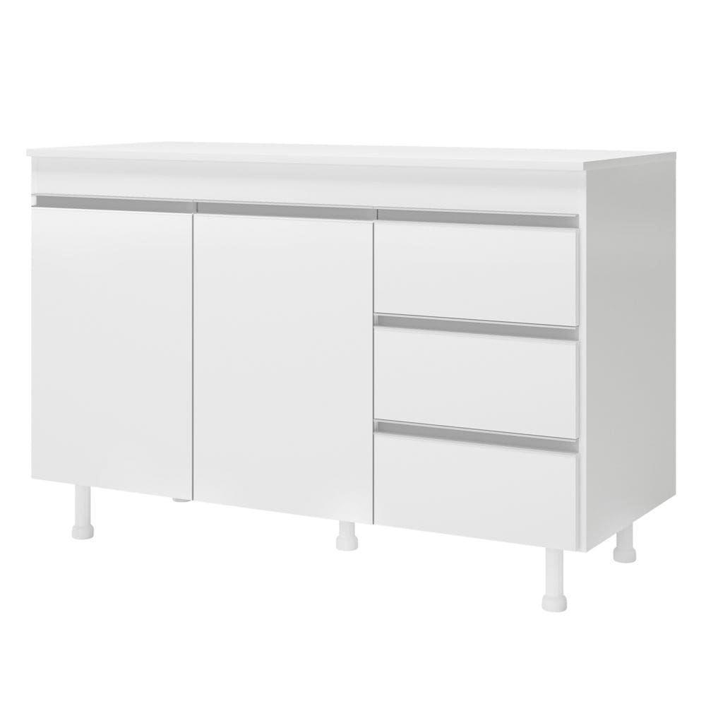 Balcão Gabinete Cozinha Lux 120cm 100% MDF Com Tampo 02 Portas e 03 Gavetas Branco - Abmaza