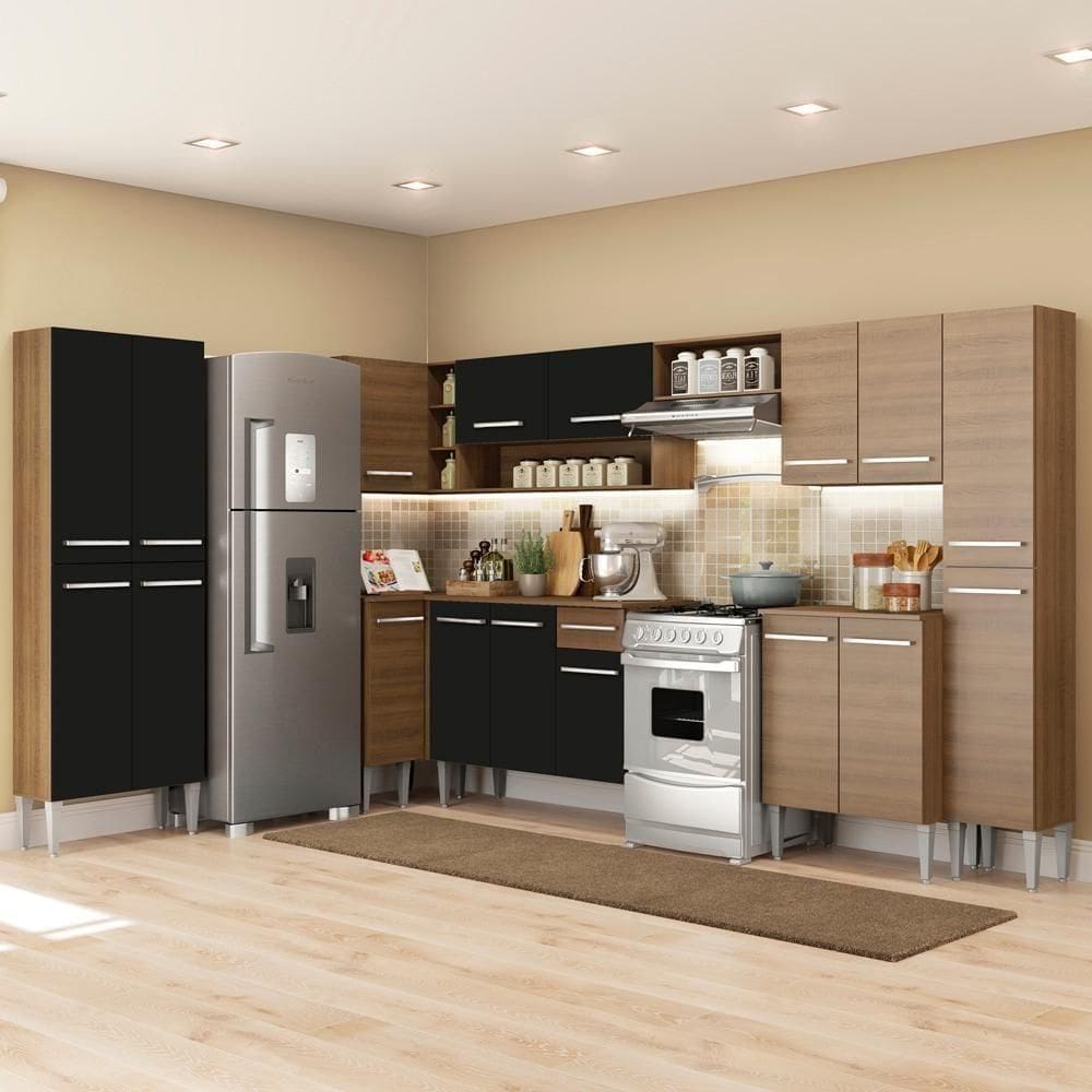 Cozinha Canto Reto Emilly 17 Portas 1 Gaveta PretoMadesa
