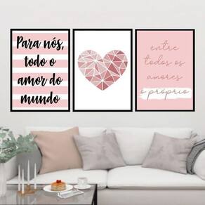 Kit 3 Quadros Todo Amor Do Mundo Coração 33X24Cm Com Vidro