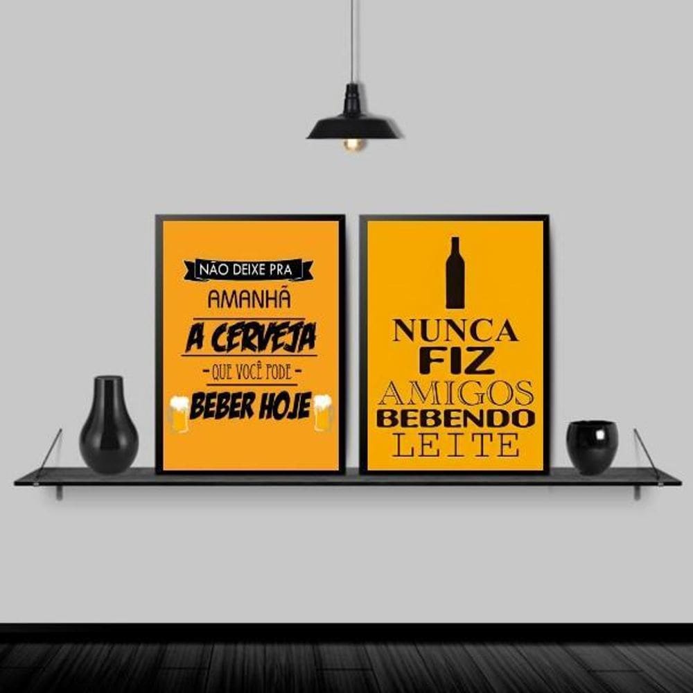 Kit Quadro Cerveja Preto E Amarelo 33X24Cm Com Vidro 2 Peças