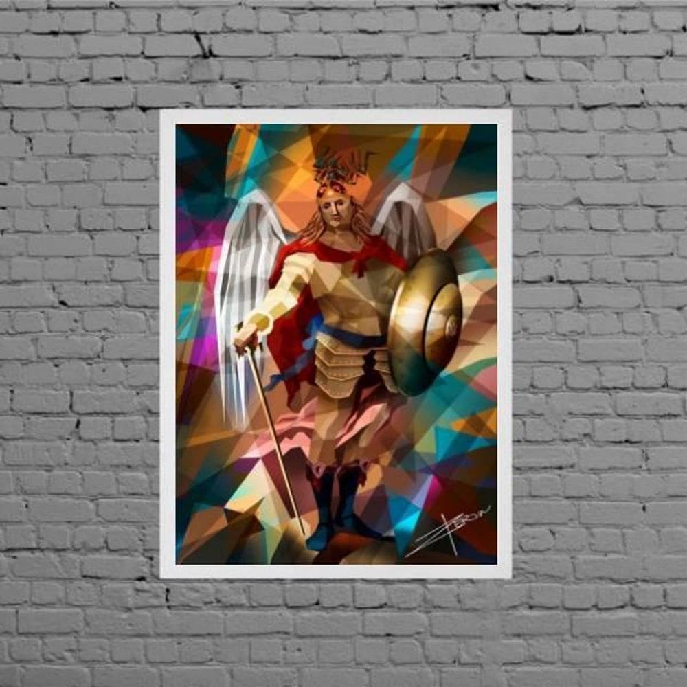 Quadro São Miguel Arcanjo Geométrico 33X24Cm - Com Vidro