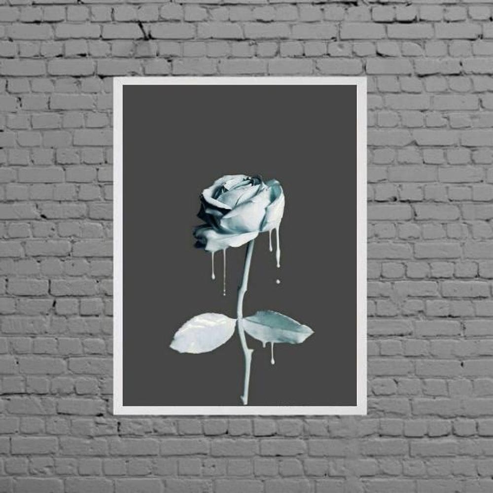 Quadro Decorativo Rosa De Tinta Azul 33X24Cm - Com Vidro