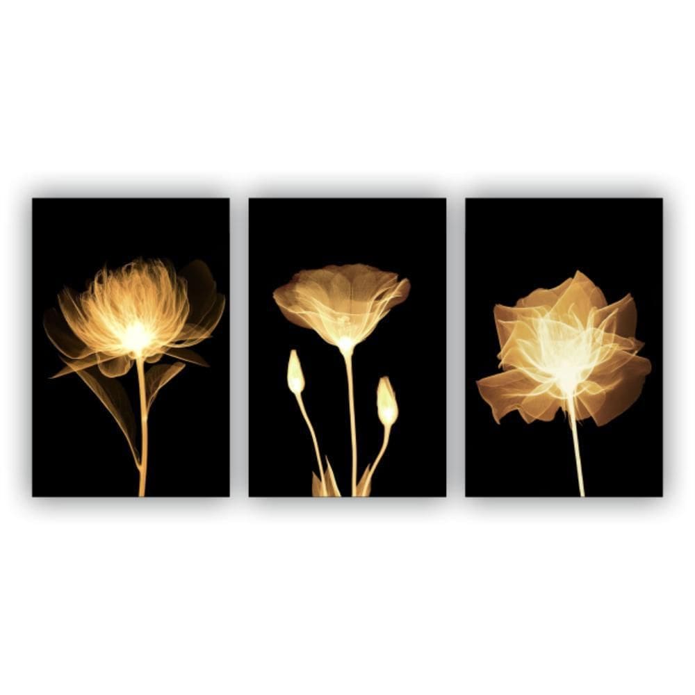 Kit Placas Quadros 3 Pçs 60X40 Floral Flores Amarelas