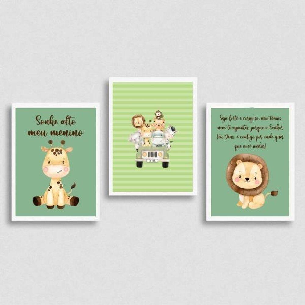 Kit 3 Quadros Tema Safari Infantil Sonhe Alto 33X24Cm Branca