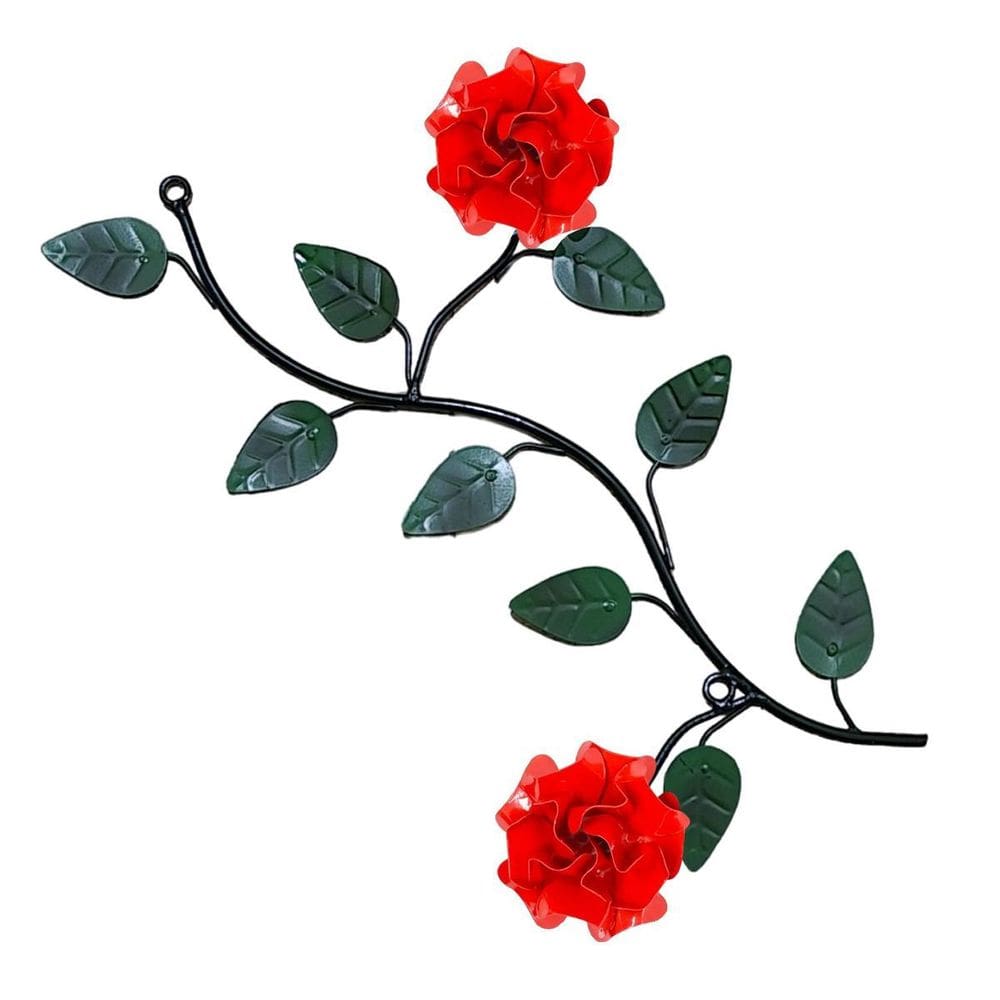 Arranjo De Parede Com Folhas E Flores Ferro 2 Rosas Vermelho