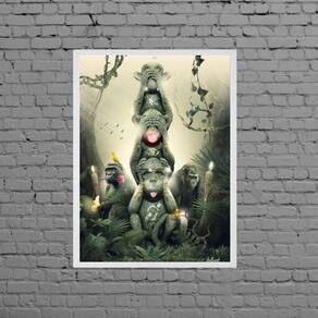 Quadro Três Macacos Sábios Modernos 45X34Cm Madeira Branca
