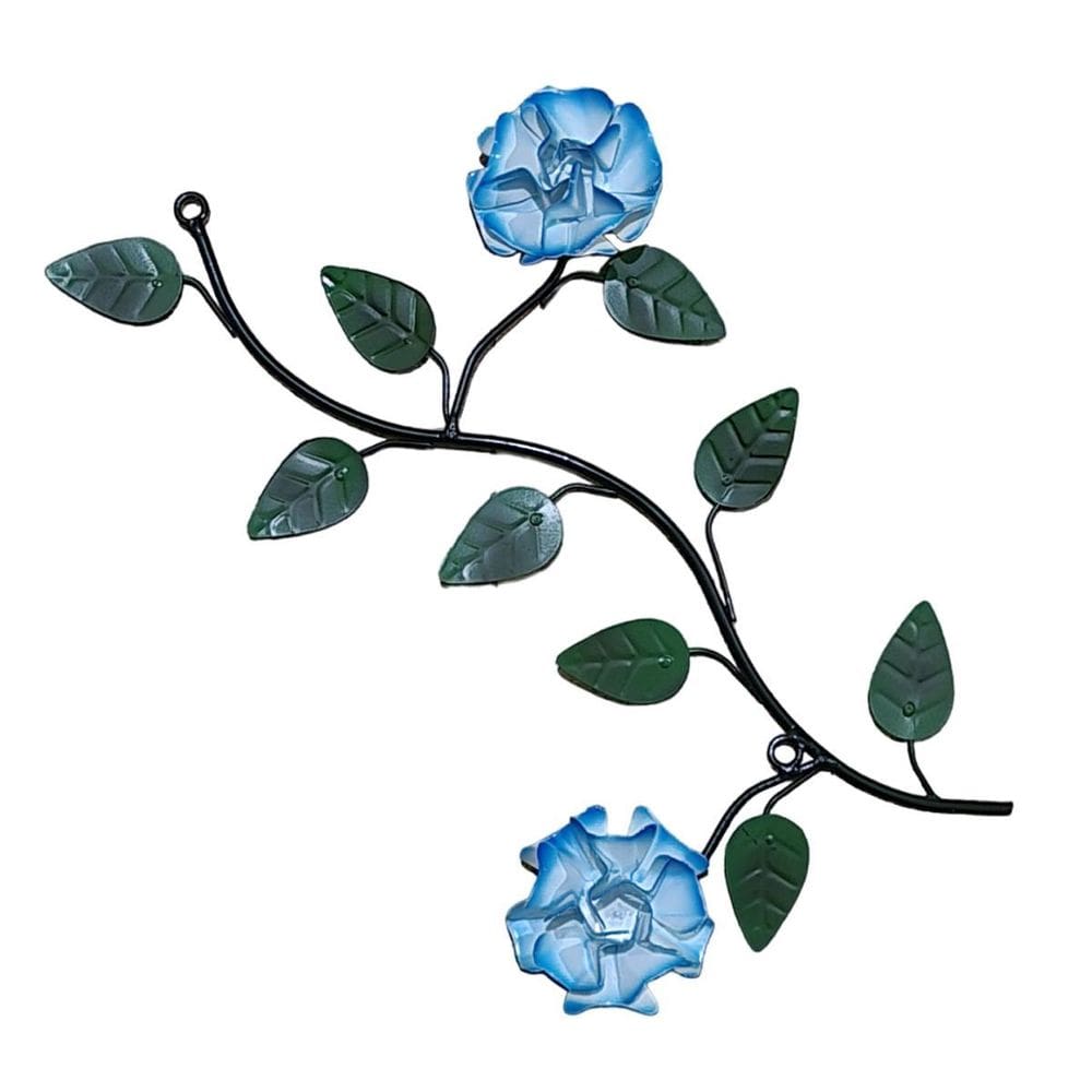 Arranjo De Parede Com Folhas E Flores Em Ferro 2 Rosas Azul