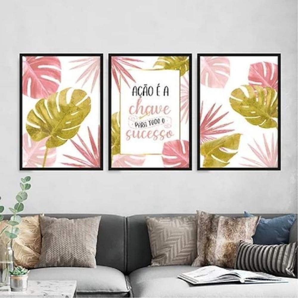 Kit 3 Quadros Ação É A Chave O Sucesso 45X34Cm Vidro Preta