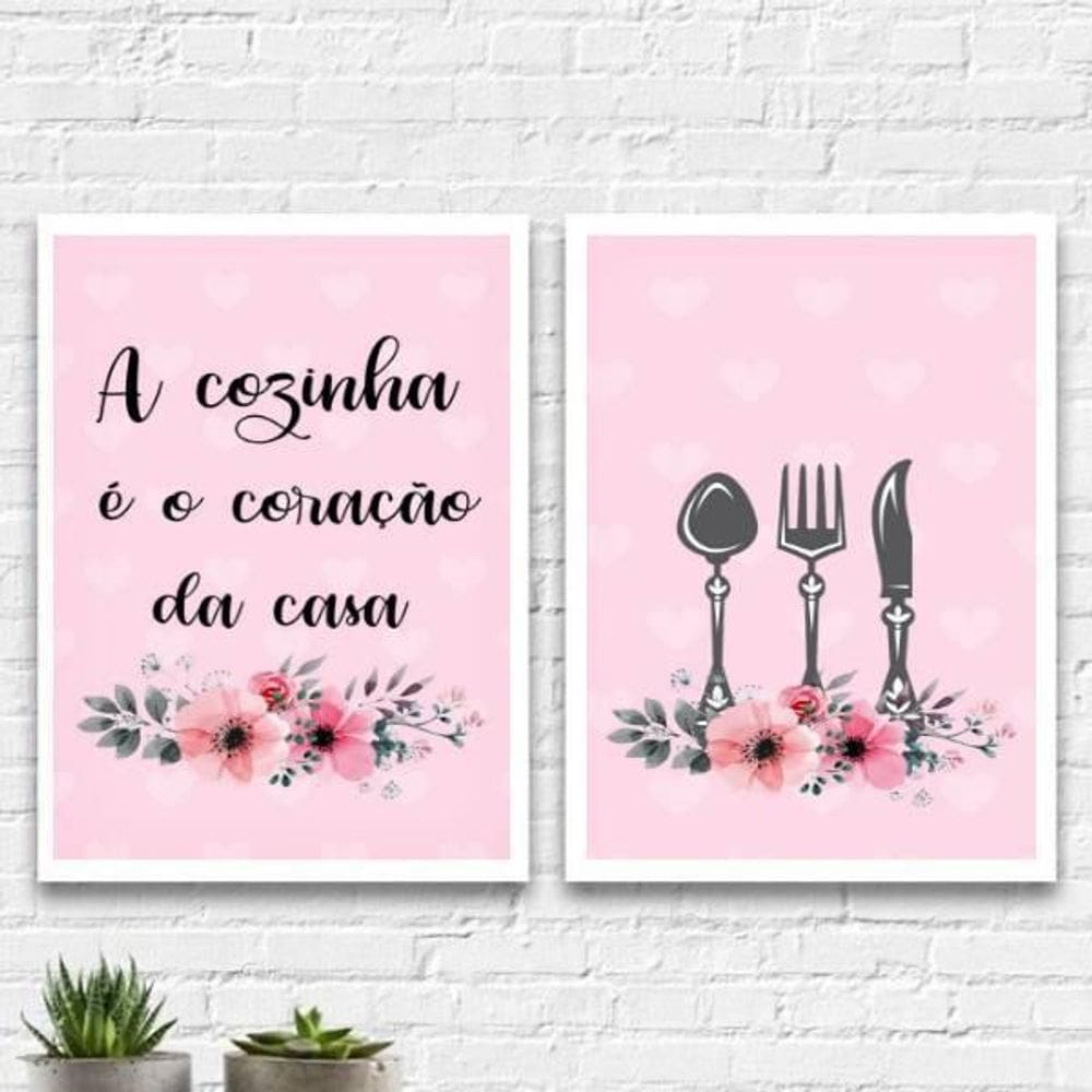 Kit 2 Quadros Cozinha Coração Da Casa Rosa 33X24Cm