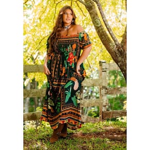 Vestido Longo Plus Size Estampa Tucano Ombro a Ombro