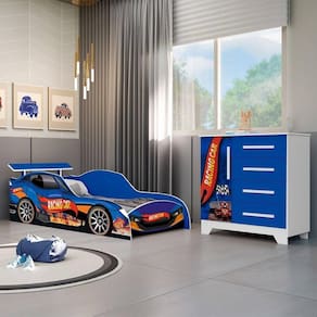 Jogo de Quarto Infantil - Cama e Comoda Carro Personagens - Azul