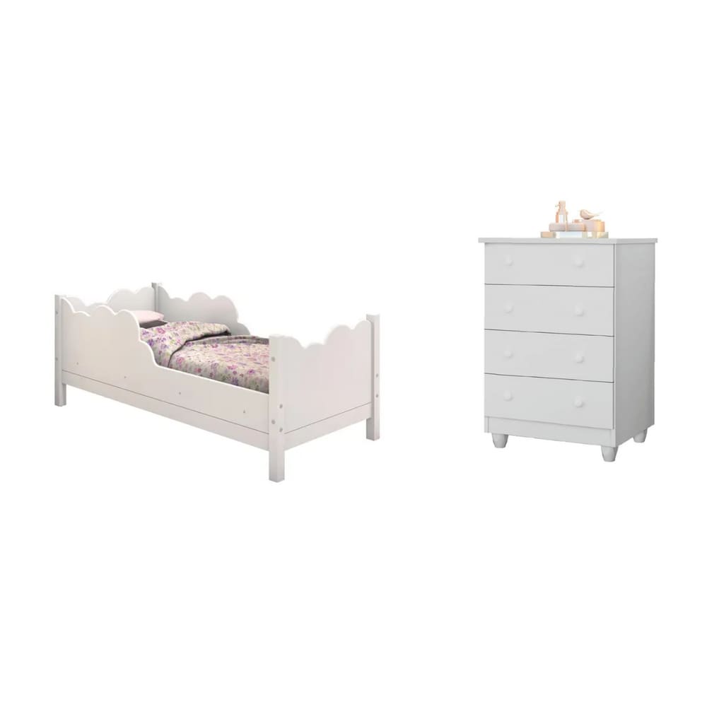 Cama Infantil Juvenil Nuvem Branco com Comoda Lara Branco