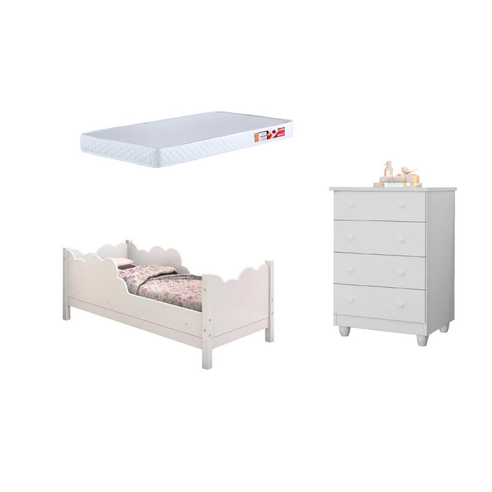 Cama Infantil Juvenil Nuvem Colchão Branco com Comoda Lara Branco