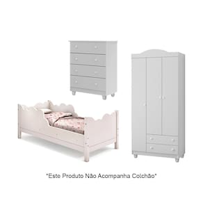 Cama Infantil Juvenil Nuvem Branco com Comoda e Guarda Roupa Lara Branco