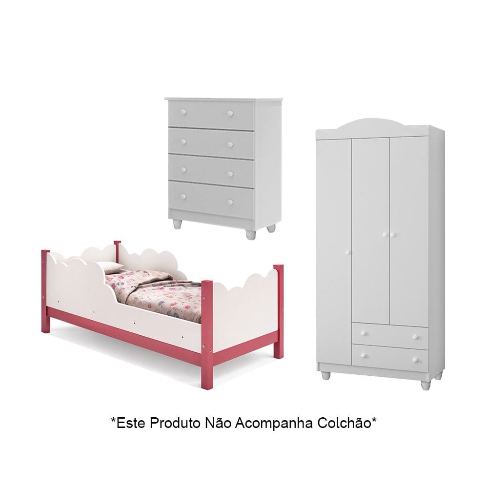 Cama Infantil Juvenil Nuvem Branco/rosa com Comoda e Guarda Roupa Lara Branco