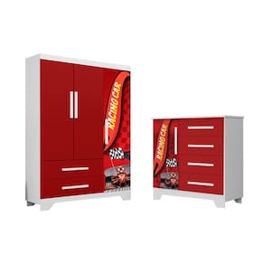 Conjunto Quarto Infantil Carros - Roupeiro e Cômoda Mdf - Vermelho