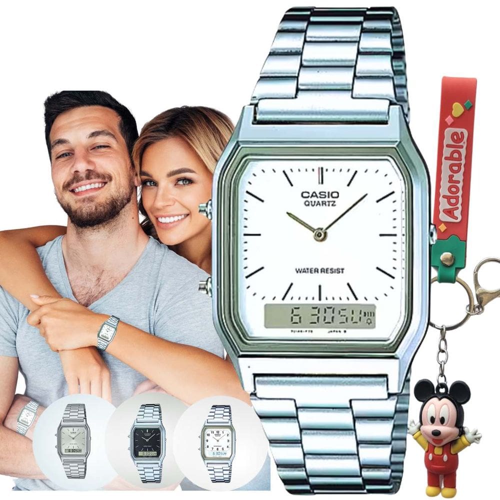 Relógio Pulso Casio Unissex Vintage Feminino Masculino Pequeno Quadrado Digital Analógico Prova Dágua 3 ATM Prata AQ-230A + Chaveiro
