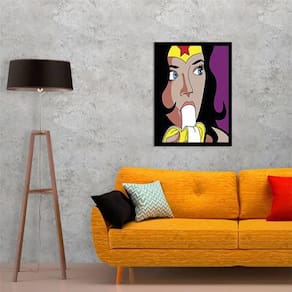 Quadro Decorativo Mulher Maravilha Comendo Banana 34X23Cm Moldura Branca