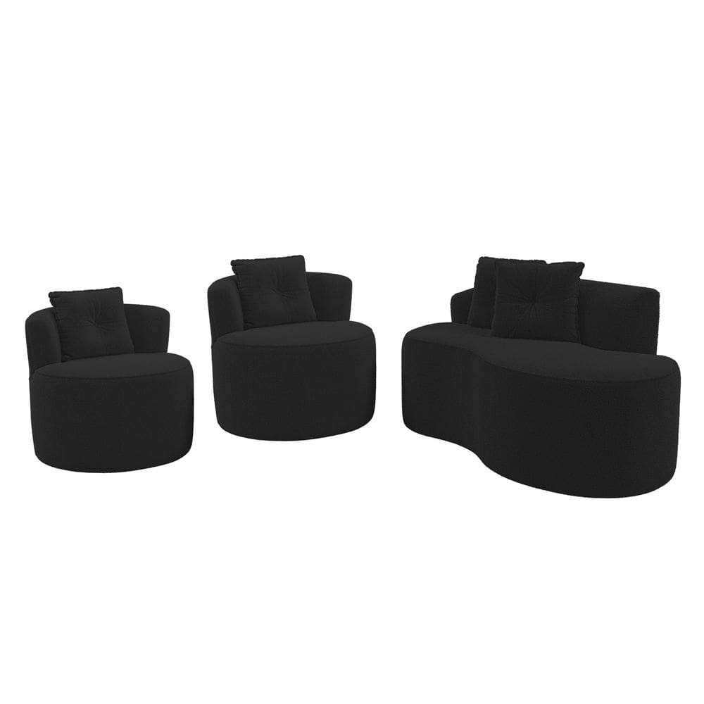 Kit Sofá e 02 Poltronas Orgânicas Living Bob com Almofadas Bouclê Preto - Abmaza