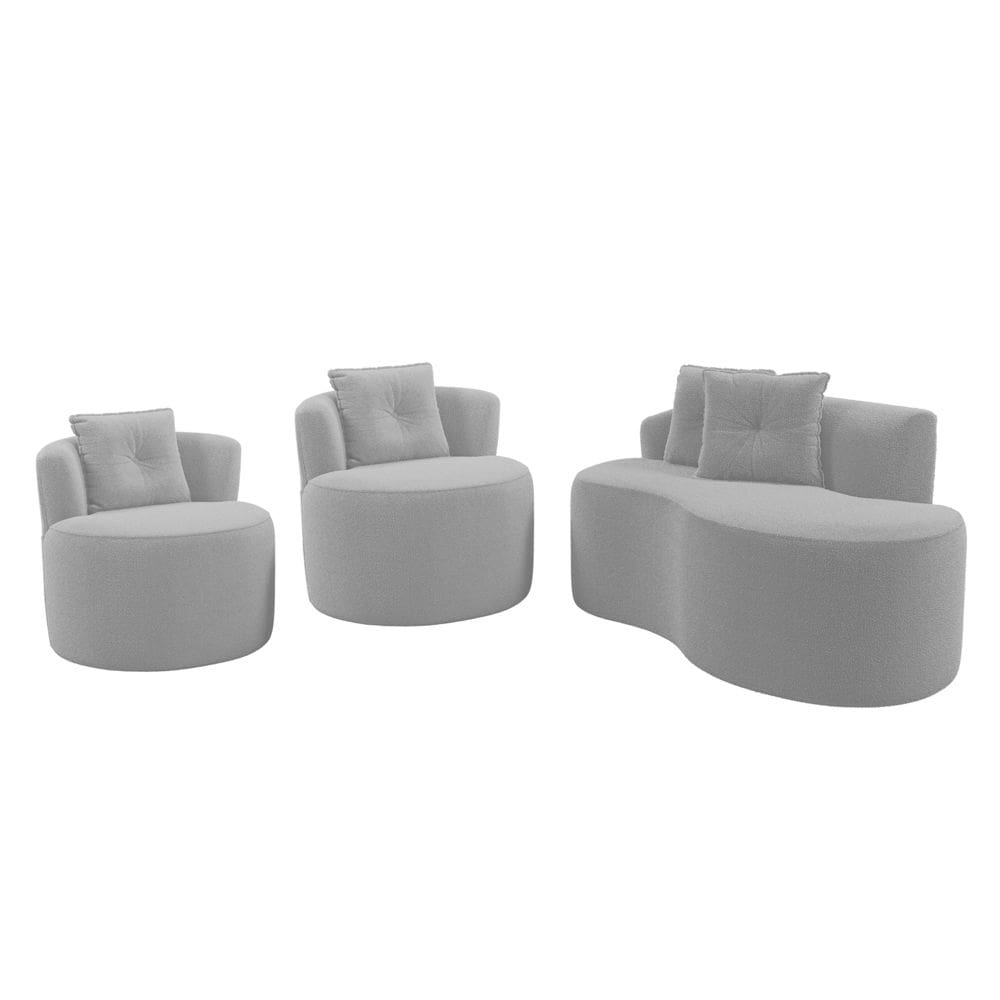Kit Sofá e 02 Poltronas Orgânicas Living Bob com Almofadas Bouclê Cinza Claro - Abmaza