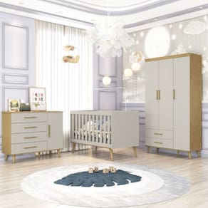 Quarto de Bebê Completo Berço Mini Cama com Guarda Roupa e Cômoda Ludmila Off White/Bétula